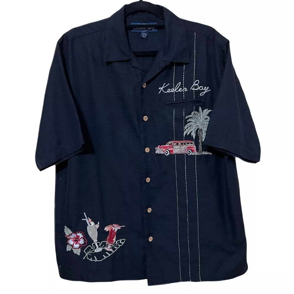 Vintage Keeler Bay Hawaiian Shirt Men’s M Black Floral Short Sleeve Button Up